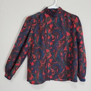 Vintage Blouse Jeri Marque Womens Small Red Paisley High Neck 80s 90s Office